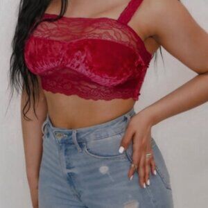 POL Crushed Velvet Lace Bralette Cami Top in Ruby, M NWT
